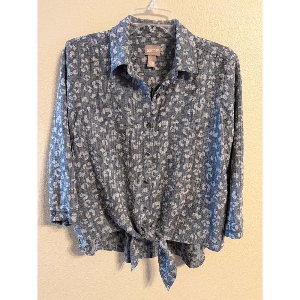 Chicos Linen Blend Cheetah Print Tie Front Button Up Shirt Women Size 1